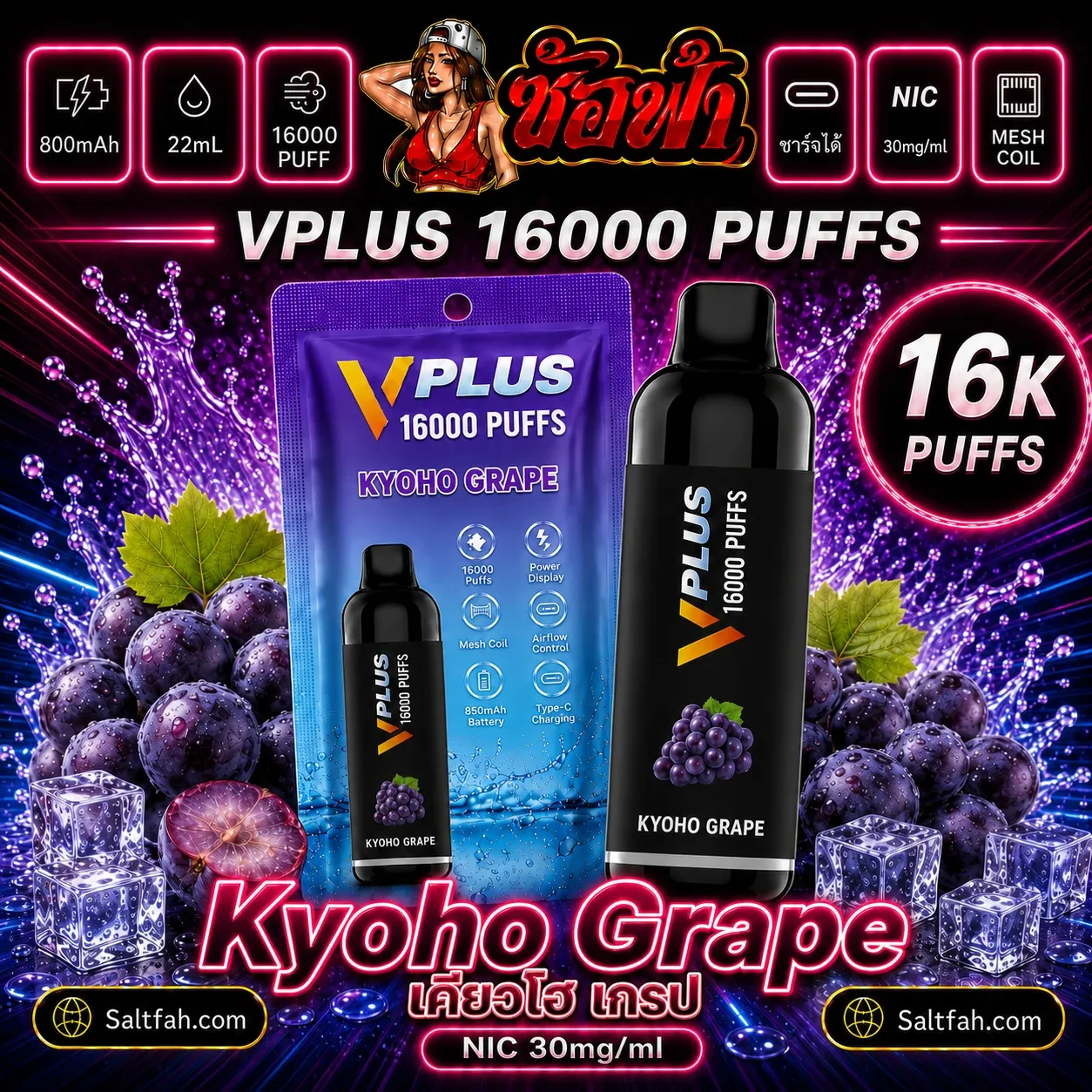 VPLUS 16000 Puffs Kyoho Grape | เคียวโฮเกรป Saltfah