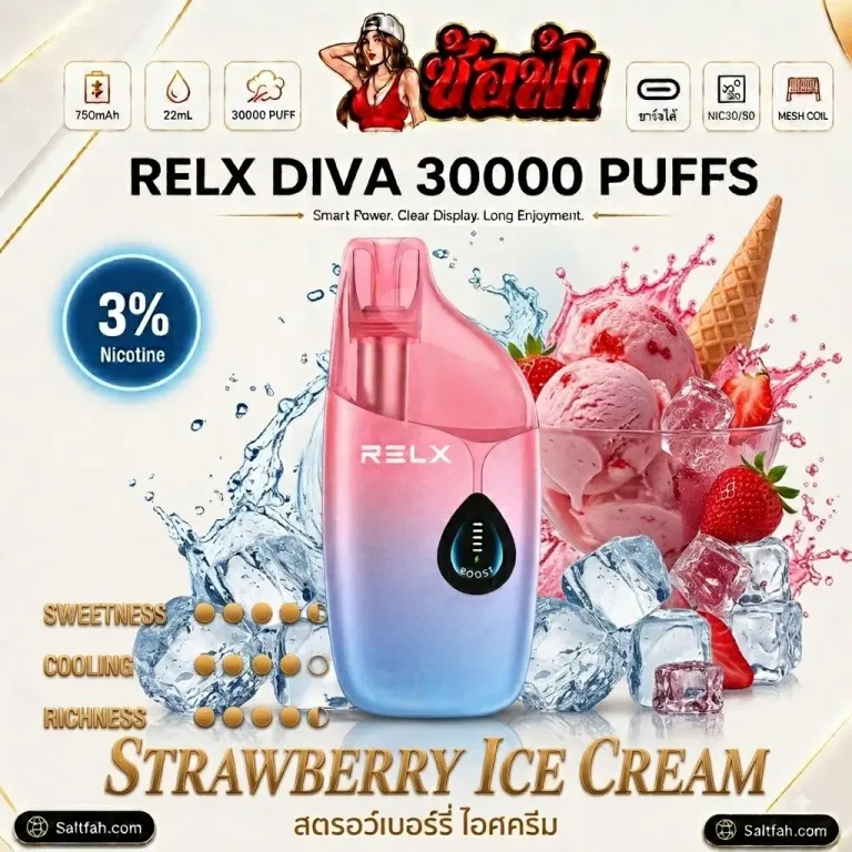 RELX Diva 30000 Puffs กลิ่น strawberry ice cream