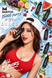 M Switch 15K Puffs พร้อมตัวเครื่องหลายชิ้นและผลไม้ประกอบแสดงคอนเซปต์กลิ่น