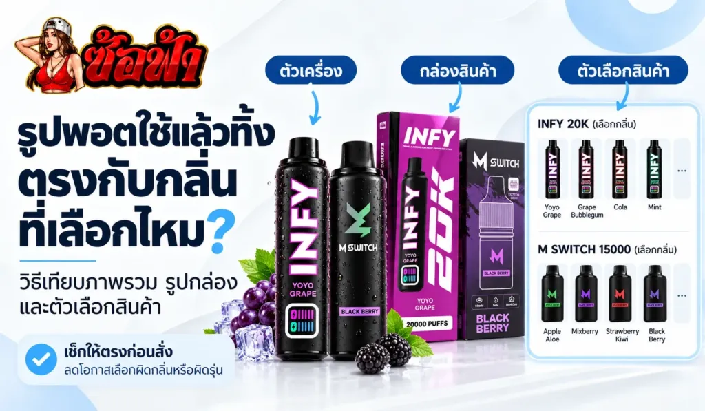 วิธีเช็กรูปพอตใช้แล้วทิ้งให้ตรงกับกลิ่นที่เลือกก่อนสั่ง