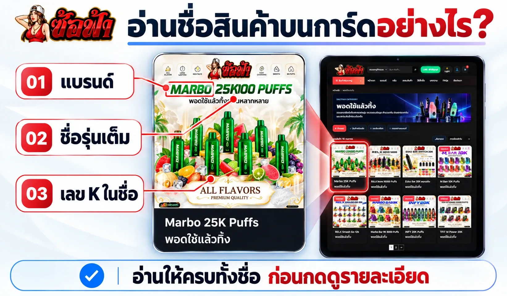 วิธีอ่านชื่อพอตใช้แล้วทิ้งบนการ์ด โดยดูแบรนด์ ชื่อรุ่นเต็ม และเลข K