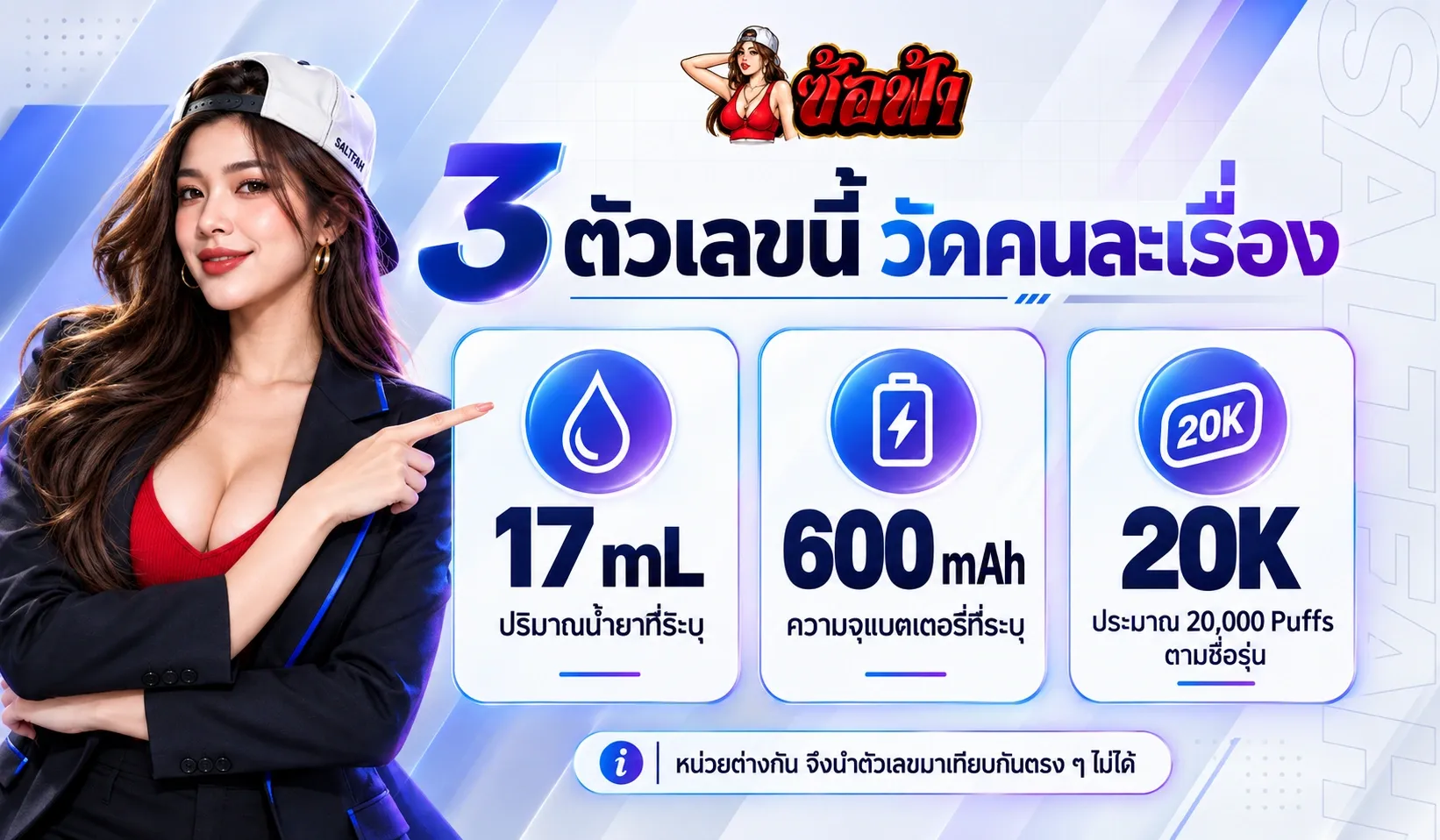 TFIT M Power 20K 17mL ภาพซ้อฟ้าแยกปริมาณน้ำยา แบตเตอรี่ 600mAh และตัวเลข 20K