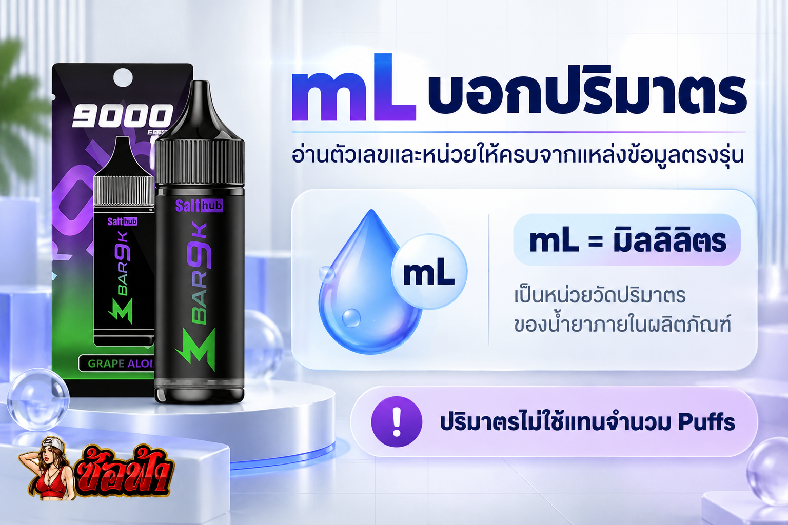 อินโฟกราฟิก Marbo Bar 9K อธิบาย mL ด้วยสัญลักษณ์หยดของเหลว