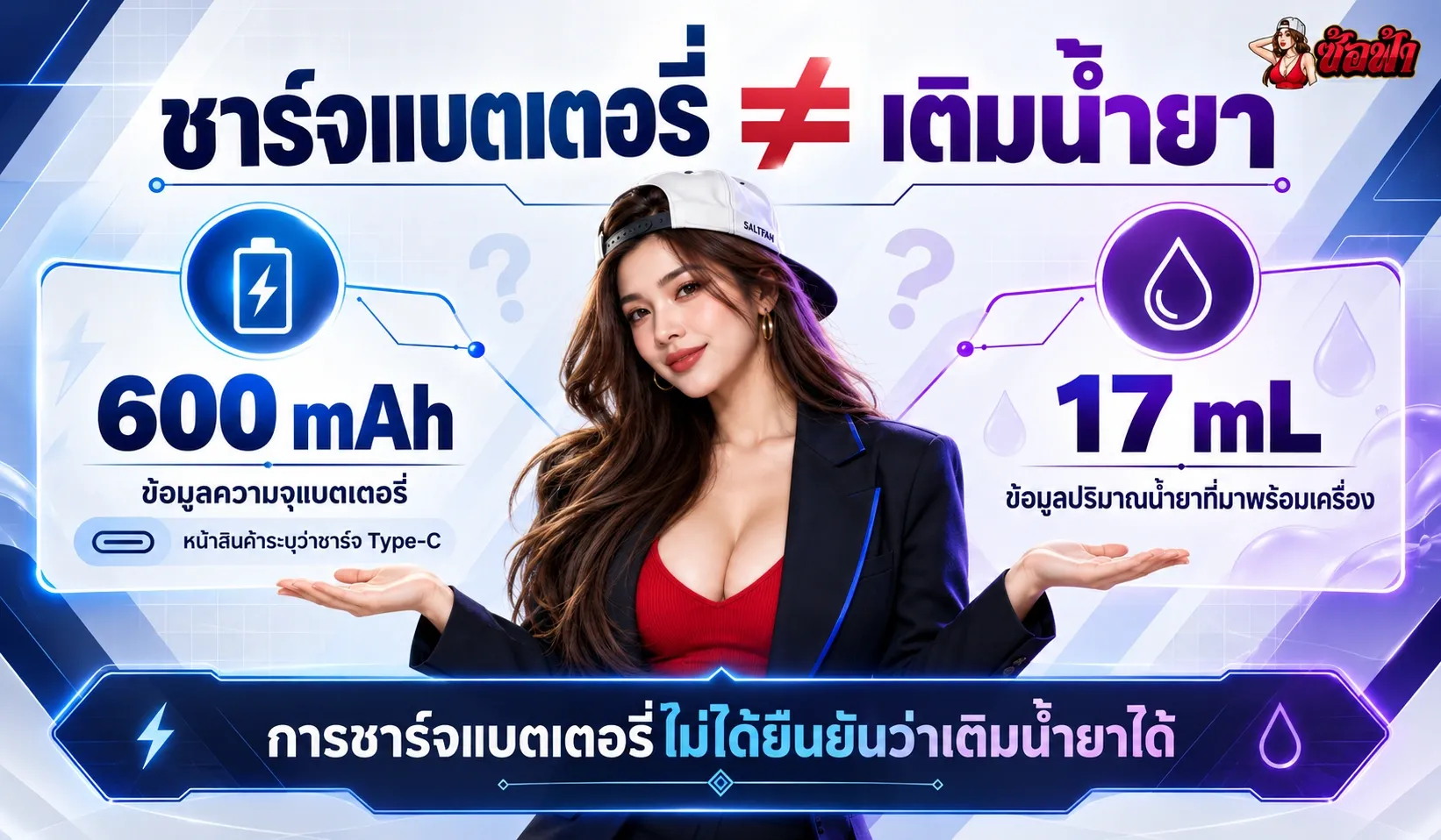 ซ้อฟ้าอธิบายว่าการชาร์จแบตเตอรี่ 600mAh ไม่ได้ยืนยันว่าเติมน้ำยา 17mL ได้