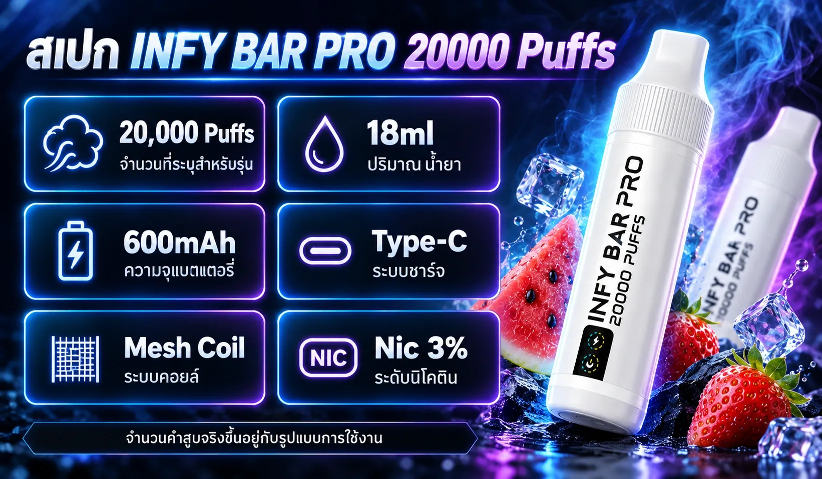 หน้าจอแสดงแบตเตอรี่และน้ำยาของ INFY BAR PRO