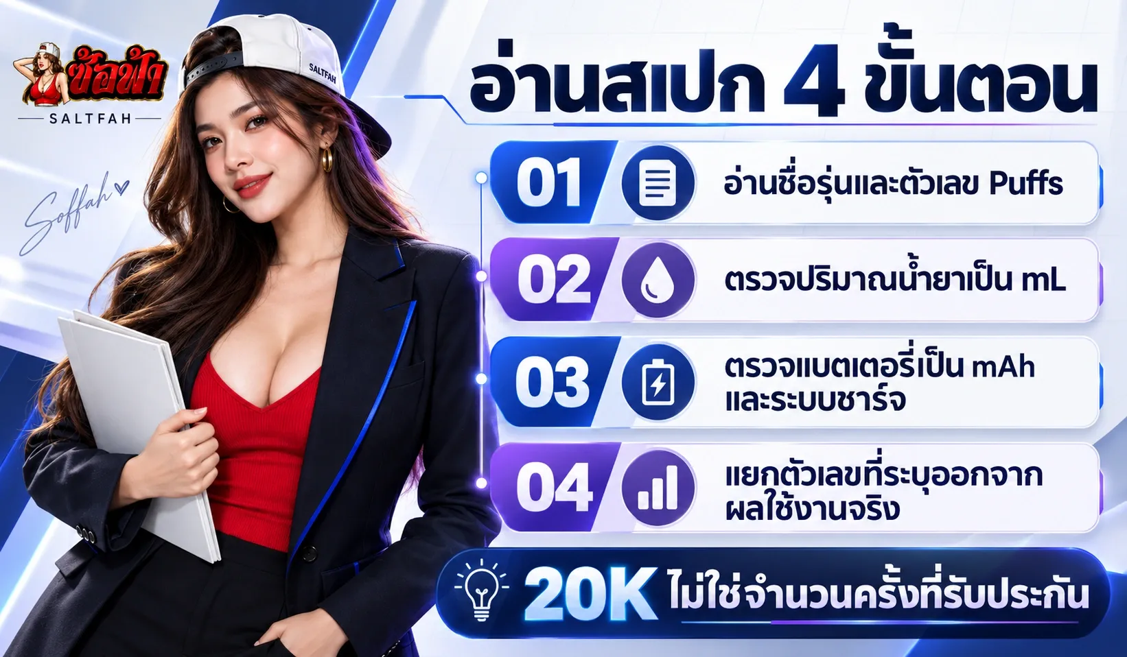 ซ้อฟ้ากับเช็กลิสต์สี่ขั้นตอนสำหรับอ่าน Puffs ปริมาณน้ำยา และแบตเตอรี่