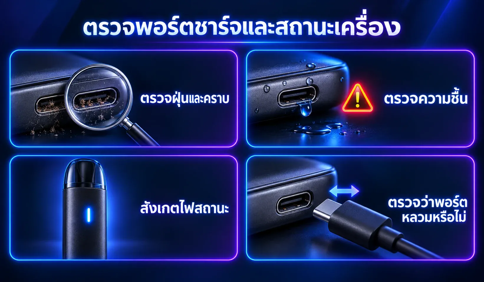 ตรวจพอร์ตชาร์จ ฝุ่น ความชื้น และไฟแสดงสถานะของพอต