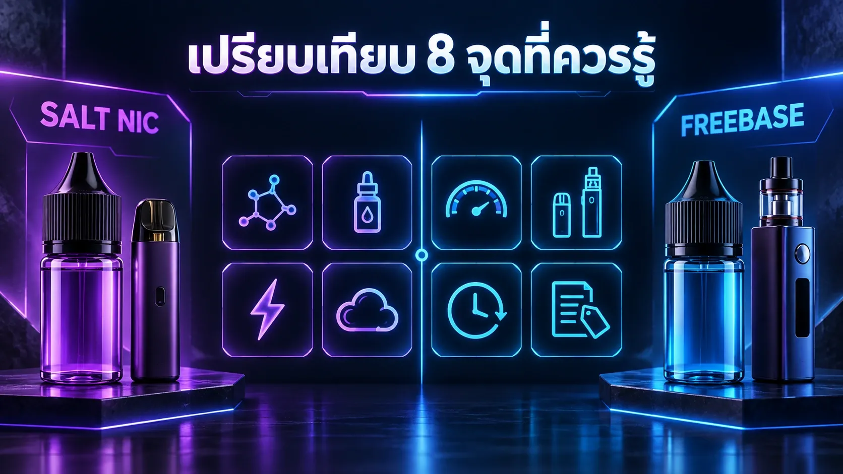 อินโฟกราฟิกเปรียบเทียบ Salt Nic กับ Freebase 8 จุด