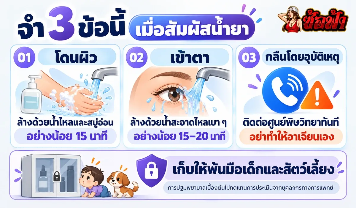 สรุปการปฐมพยาบาลเมื่อน้ำยาโดนผิว เข้าตา หรือกลืนโดยอุบัติเหตุ